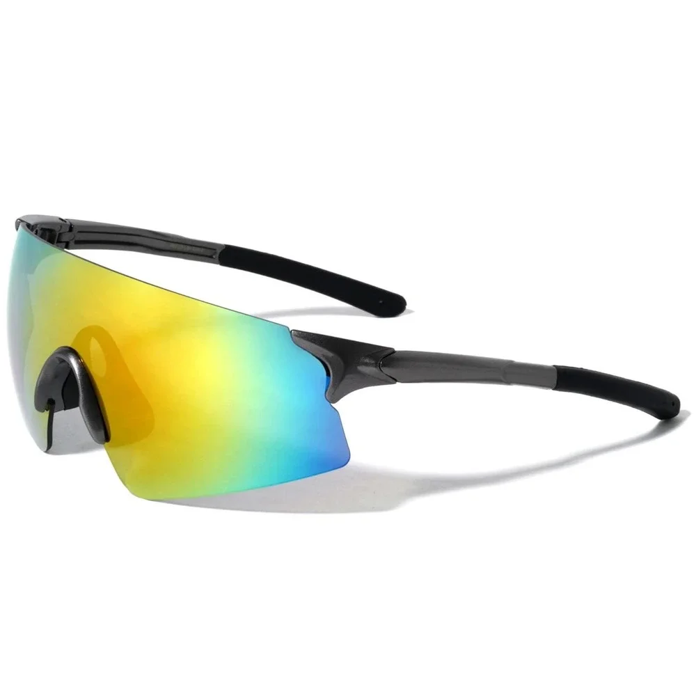 Mens Rimless Wrap Around Sport Sunglasses Iridescent Rainbow Shield Gunmetal New